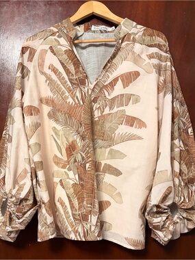 ChicWays Beige Tropical Print V-Neck Women's Top